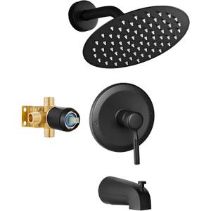 HUCKLE Bathroom Shower Head with Tub Faucet, 8-Inch Black Rainfall Shower Head with Shower Valve, Stainless Steels Shower System, Bathtub Faucet Set with Shower Valve Kit