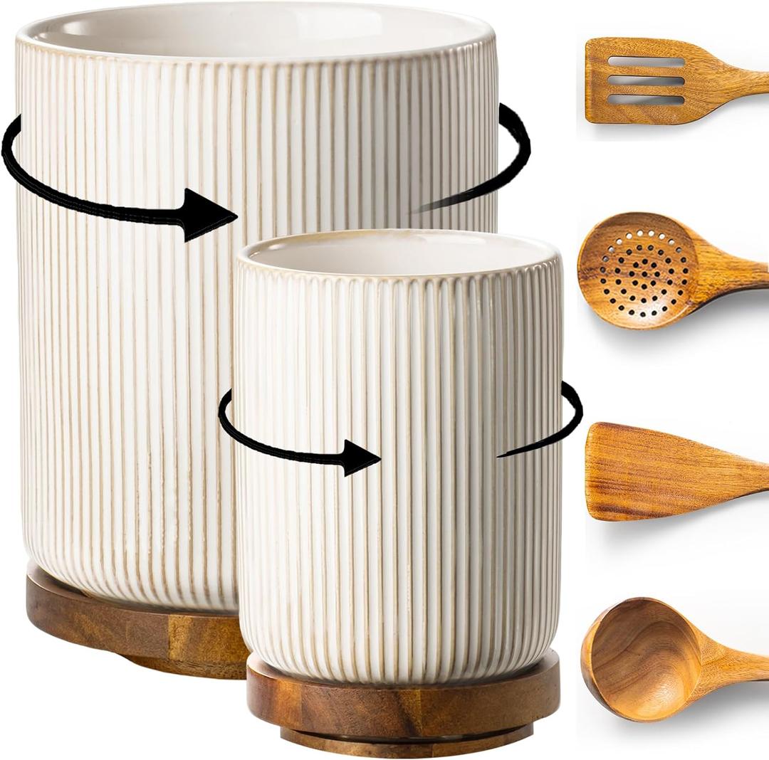 getstar Large Rotating Utensil Holder for Kitchen Counter,7.9"+6" Ceramic Utensils Crocks Set for Countertop Large & Small Utensil Organizer for Spatula Farmhouse Kitchen Decor (Vintage White)