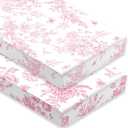 2 Pack Pink Vintage Floral Crib Sheet Set for Baby Girl, Soft Breathable Fitted Coquette Crib Sheet 28 x 52 in, Chinoiserie Nursery Decor for Standard Crib and Toddler Bed Mattresses