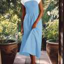 Wenrine Womens Casual Summer Midi Dress Smocked Cap Sleeve Crew Neck Color Block A Line Flowy Beach Dresses (Sky Blue)