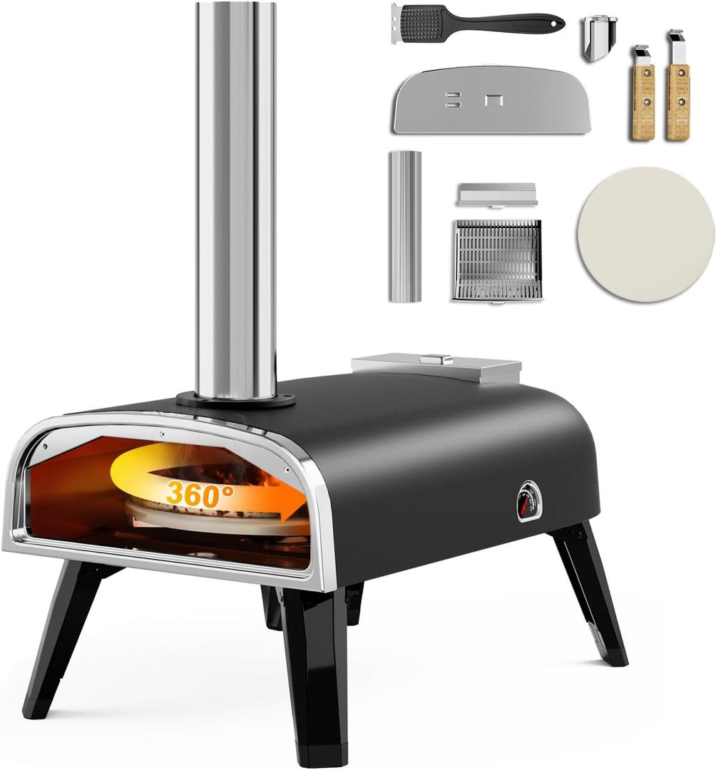 Outdoor Pizza Oven aidpiza 12" Wood Pellet Pizza Ovens With Rotatable Round Pizza Stone Portable Wood Fired with Built-in Thermometer Pizza Stove for Outside Backyard Camping Picnics (Black-02)