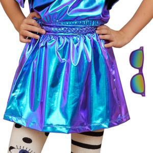 Perfashion Girls Metallic Wrap Skirt Sparkly Dance A-Line Elastic Waist Skirt with Sunglasses 3-13 Years (Blue-454)