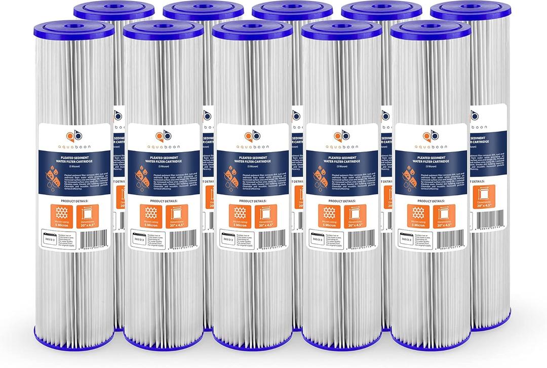 Aquaboon 5 Micron 20 x 4.5 Whole House Pleated Water Sediment Filter Replacement Water Filter Cartridge Compatible with ECP5-20BB, SPC-45-2005, 10-Pack