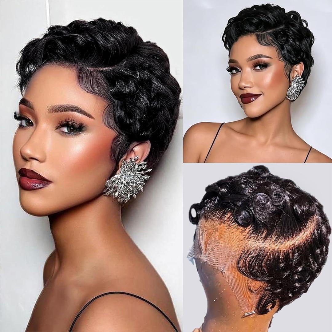 Short Curly Pixie Cut 13x4 Lace Front Wig Human Hair Wigs 13x4 HD Lace Frontal Wigs Short Layered Curly Glueless Wig Pre Plucked Deep Wave Pixie Cut Human Hair Wigs for Black Women, Natural Black