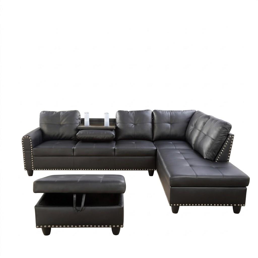 Modern Living Room Furniture Sets with Pillows, Modular Sectional Couches with Chaise Lounge, 4-Seaters L Shape Sofa with Storage Ottoman, for Living Room, Beige and Brown