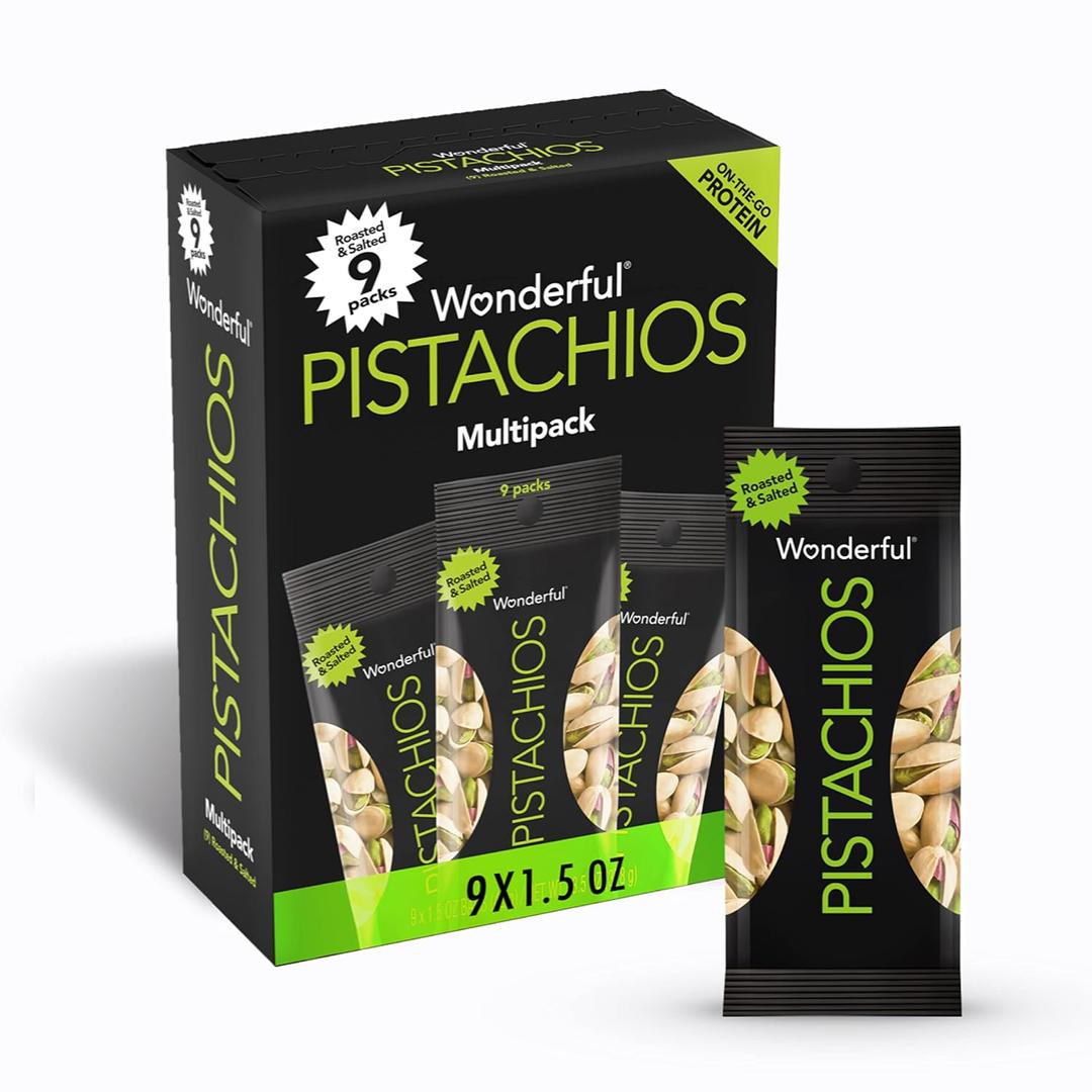 Wonderful Pistachios In Shell, Roasted & Salted Nuts, 1.5 Ounce Bag (Pack of 9), Protein Snacks, On-the-Go, Individually Wrapped Healthy Snacks for Adults (EXP 01/02/27)