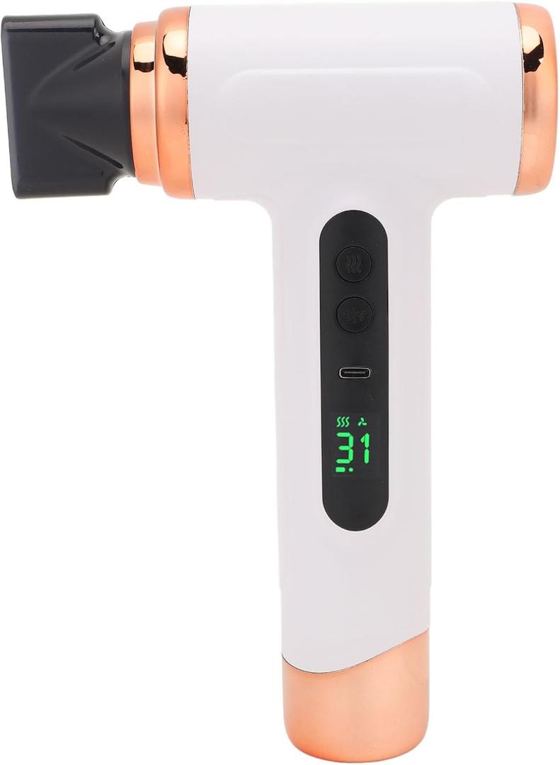 Cordless Ionic Hair Dryer, 200W Rechargeable Portable Hair Dryer with Airflow Multiplier Technology, Nozzle, Multi Modes for Home School Travel (White)