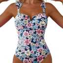 Aleumdr Women's One Piece Swimsuits Tummy Control Bathing Suits V Neck Boho Tie Shoulder Ruched Full Coverage Swimwear (Blue, M)