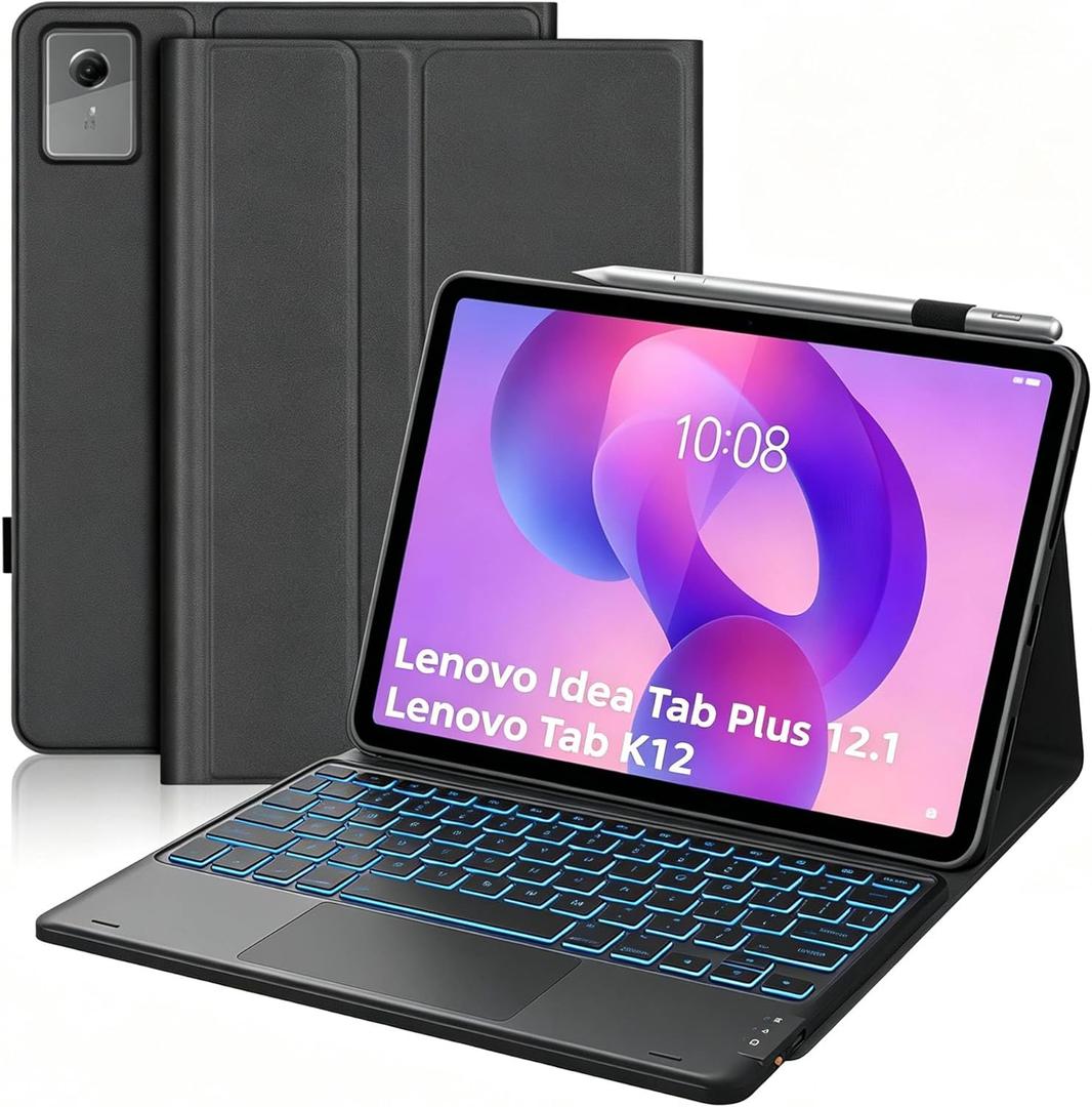Touchpad Keyboard Case for 2025 Lenovo Idea Tab Plus 12.1 Inch/Tab K12, Ultra-Thin Leather Stand Cover with 7-Color Backlit Wireless Keyboard for Idea Tab Plus/Tab K12 (TB361FU/TB361ZU), Black