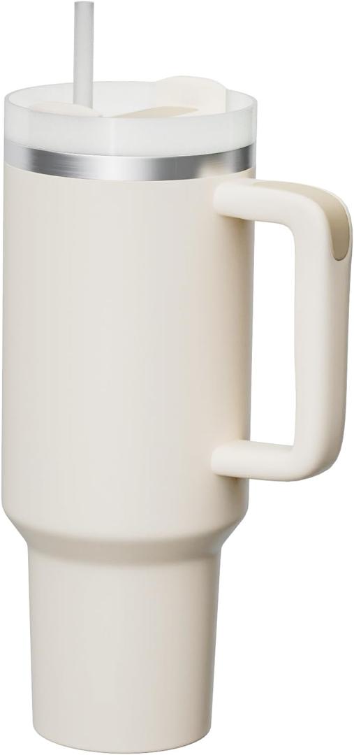 KISSKIND Tumbler With Handle 40 oz Travel Mug Straw Covers Cup with Lid Insulated Quencher Stainless Steel Water Iced Tea Coffee Gift Cream (40 oz 1.0)