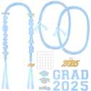 Yinkin Graduation Ribbon Leis Set Class of 2025 Handmade Double Braided Necklace Adjustable Includes Silk Leis Grad Cutouts 2025 Pendant for Graduation Party Accessories(Light Blue, White)