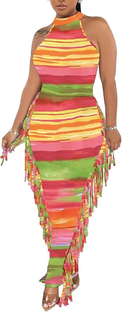 2 Piece Outfits for Women Sexy Crop Top Ruched Bodycon Maxi Dresses Fringe Skirt Sets Night Club Jumpsuits (Large, Rainbow)