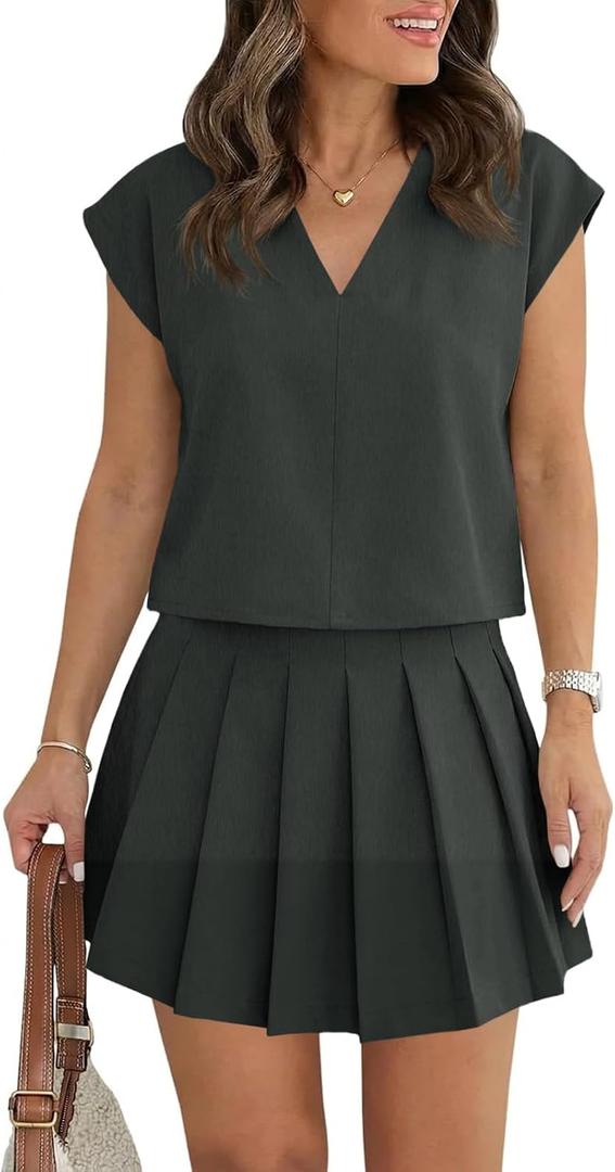 Wenrine Womens 2 Piece Skirt Sets Summer Casual V Neck Crop Tops Pleated Mini Skort Skirts Vacation Outfits Matching Sets (M)