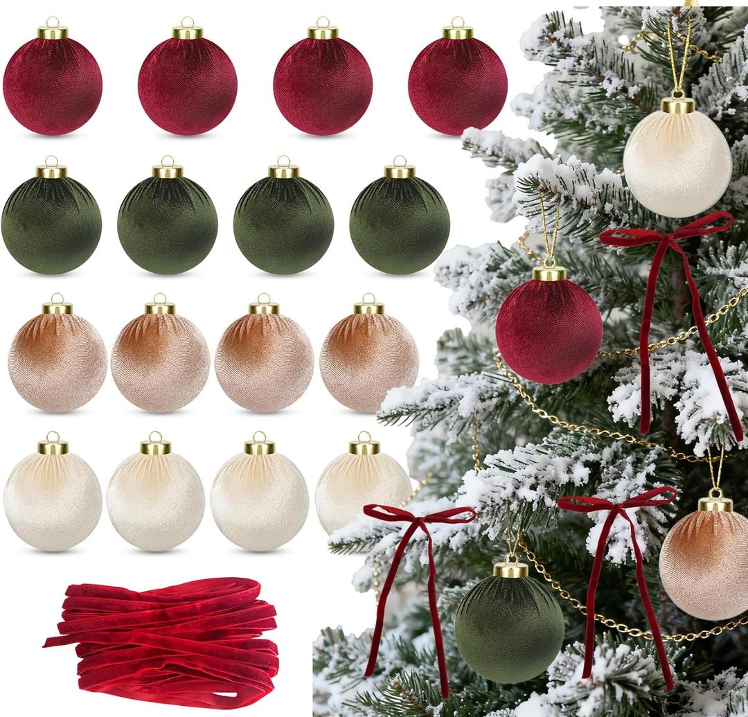 StiVerse 16 Pcs Velvet Ornaments for Christmas Tree, 4 Color Fashion Velvet Christmas Decorations, Shatterproof Hanging Ornaments Ball for Xmas Tree Winter New Year Party Supplies(2.36")