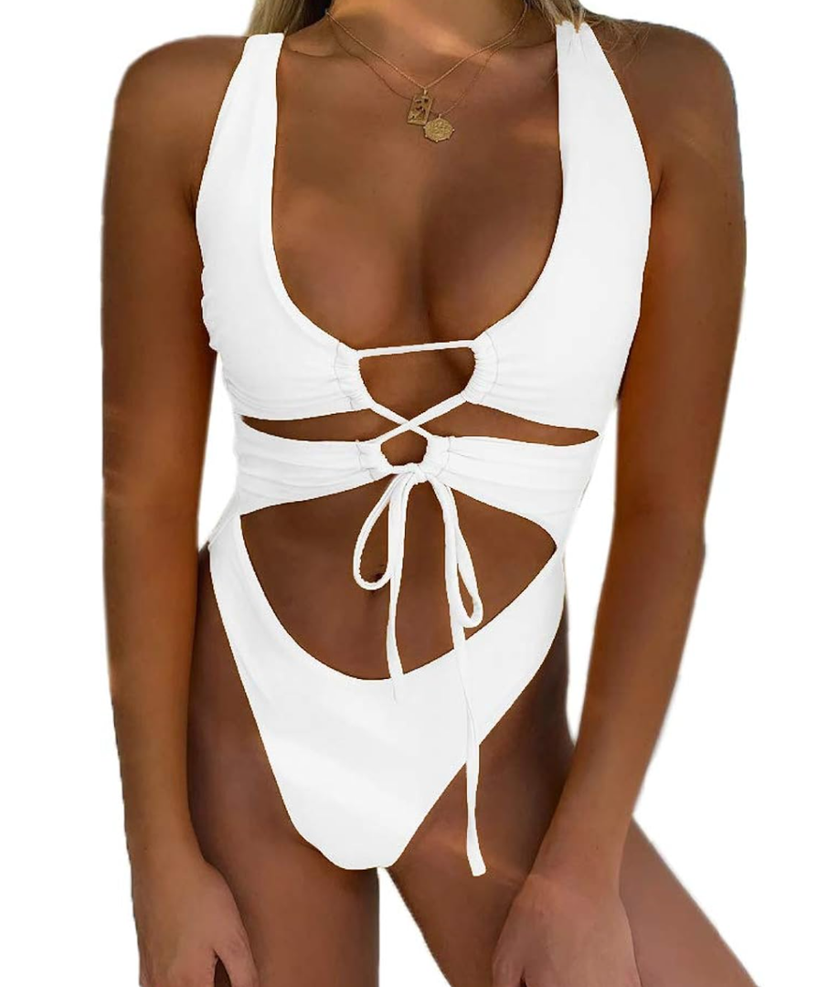 CHYRII Women's Sexy Cutout Lace Up Backless High Cut One Piece Swimsuit Monokini, S