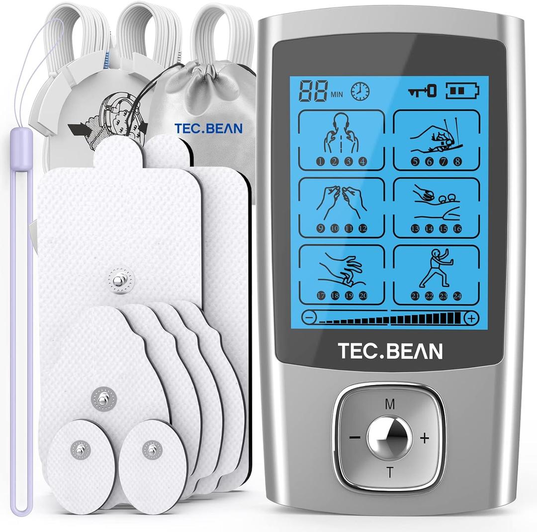 24 Modes Tens Unit Muscle Stimulator, Rechargeable Tens Machine with 8 Electrode Pads (American Gel), Electric Pulse Massager for Pain Relief TherapySilver (Silvera)