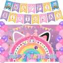 Cat House Birthday Party Backdrop,Dollhouse Decor Supplies Include Happy Birthday Banner,Backdrop,Latex Balloon