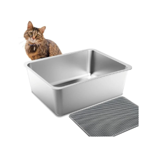 UWANGPET Stainless Steel Cat Litter Box,Odour Proof Litter Pan, Non-Stick, Easy to Clean, Rust Resistant, Non-Slip Rubber Feet