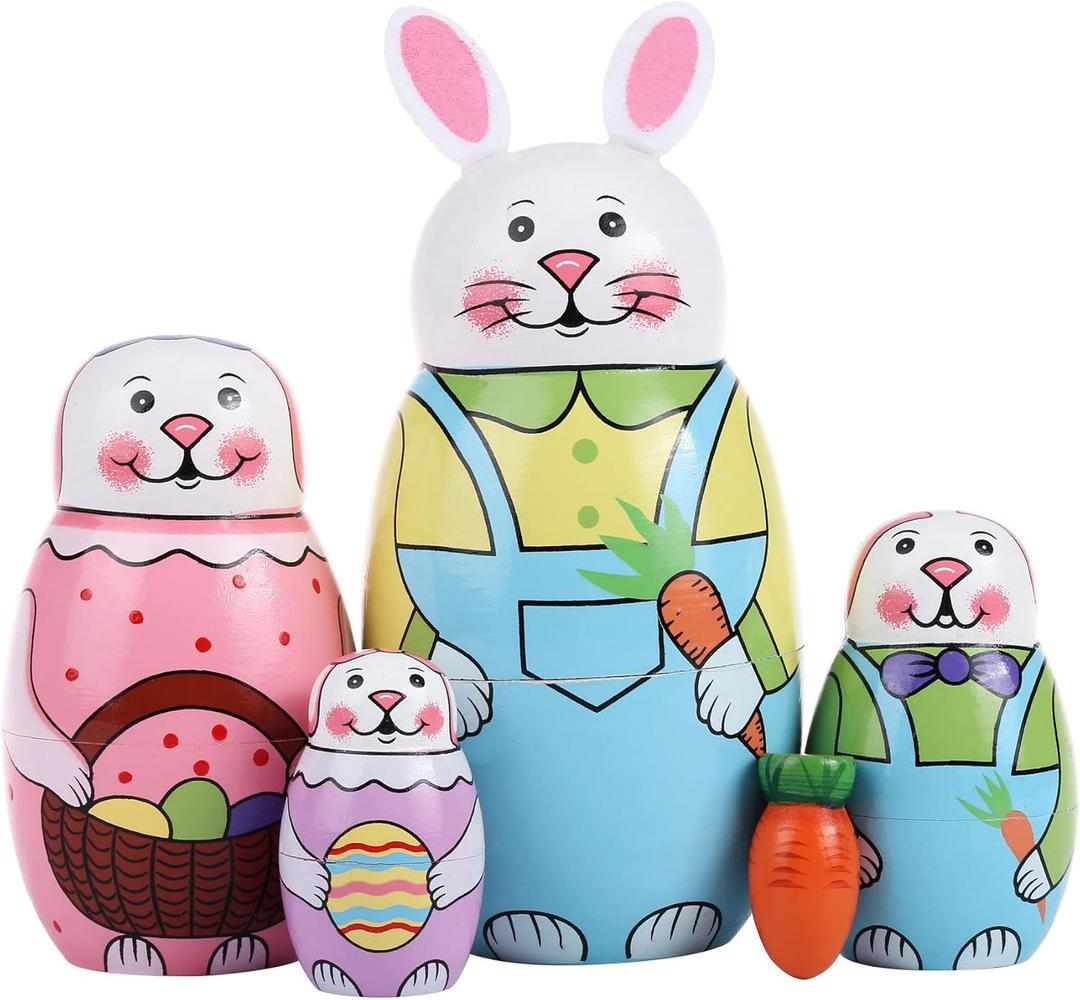 Yoption 5 Pcs Russian Matryoshka Dolls Handmade Wooden Rabbit Bunny Nesting Dolls Set for Christmas Easter Birthday Gift Home Decoration (Rabbit)