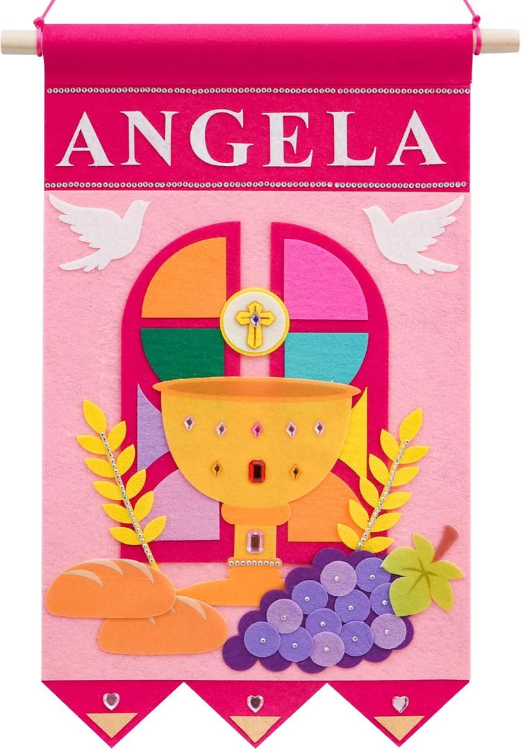First Communion Banner Kit for Girls First Holy Communion Gifts for Boys Girls 1st communion decorations Felt Banner Kit for Church Sunday School (Pink)