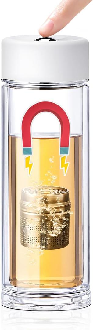 MagnaDrop Tea Tumbler  Double Wall Glass Tea Infuser Cup with Magnetic Steep Control & Bead Switch, Leakproof Travel Mug for Loose Leaf, 12.5oz (Cloud White)