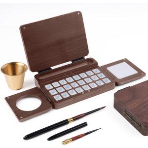 Fuumuui Travel Watercolor Palette 24 Grids Foldable with 2pcs Sable Travel Watercolor Brushes, Portable Walnut Wood Palette Box for Plein Air Painting
