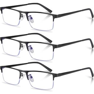3-Pack Reading Glasses for Men, Lightweight Metal Half Frame Blue Light Blocking Computer Readers, Filter UV Ray/Computer Glare with Spring Hinge Eyeglasses(3PCS Black,+2.25)