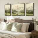 Large Framed Mountain Wall Art for Living Room, 3 Piece Modern Green Landscape Canvas Artworks, Forest River Nature Scenery Painting Prints for Bedroom Entryway Hallway Home Office Wall Decor, 24" H x 64" W