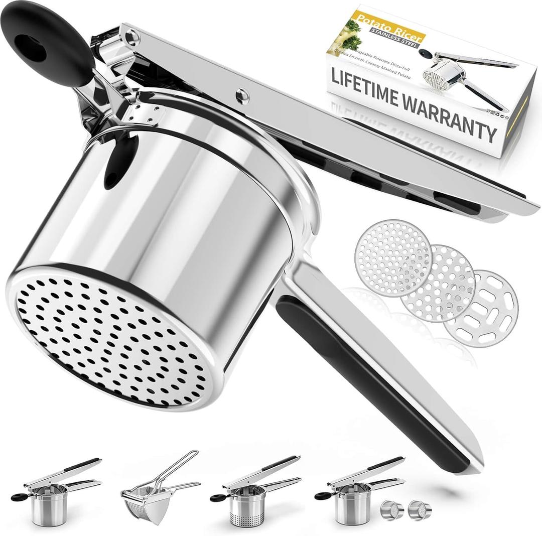 Potato Ricer, Ricer for Mashed Potatoes, 3 Interchangeable Discs Potato Masher Stainless Steel for Fluffy Mashed Potatoes, Heavy Duty Spaetzle Maker with Silicone Handle, for Gnocchi Spaghetti (Black)