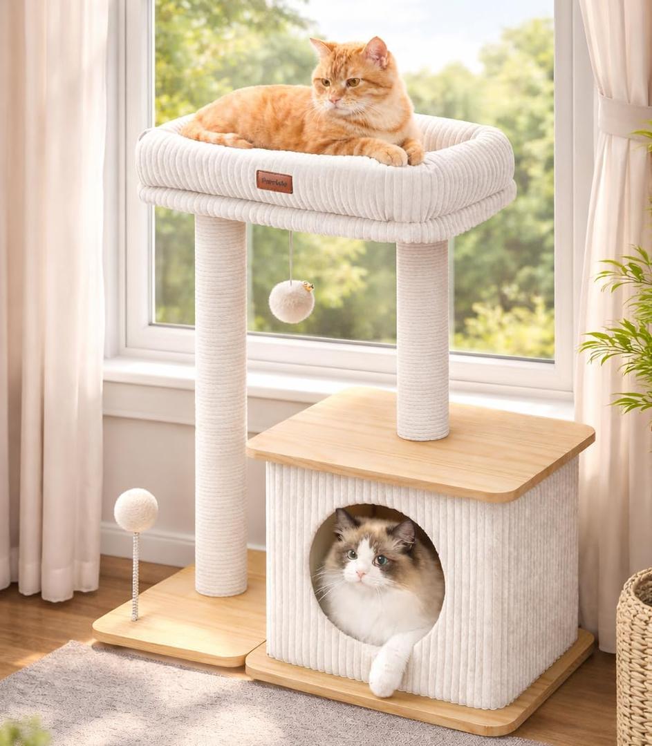 Modern Cat Tree for Indoor Cats, Nordic Loft Style, Wooden Cat Tower with Sisal Scratching Posts, Soft Padded Beds & Cozy Condos, Floor-Mounted for Kittens & Adult Cats (Large, Ash White)
