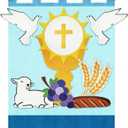 First Communion Banner Kit 11 x 15.74 Inch First Holy Communion Banner Kits Felt DIY Decor Set Include White Dove Communions Cup Lamb Grape Skewers for Church Sunday School (Blue)