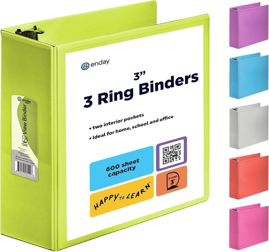 3 Inch Binder 3 Ring Binders Green, Slant D-Ring 3 Clear View Cover with 2 Inside Pockets, Heavy Duty Colored School Supplies Office and Home Binders By Enday