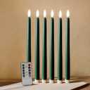 Green Christmas Flameless Taper Candles with Remote Timer, Flickering Battery Operated LED Candlesticks Set of 6