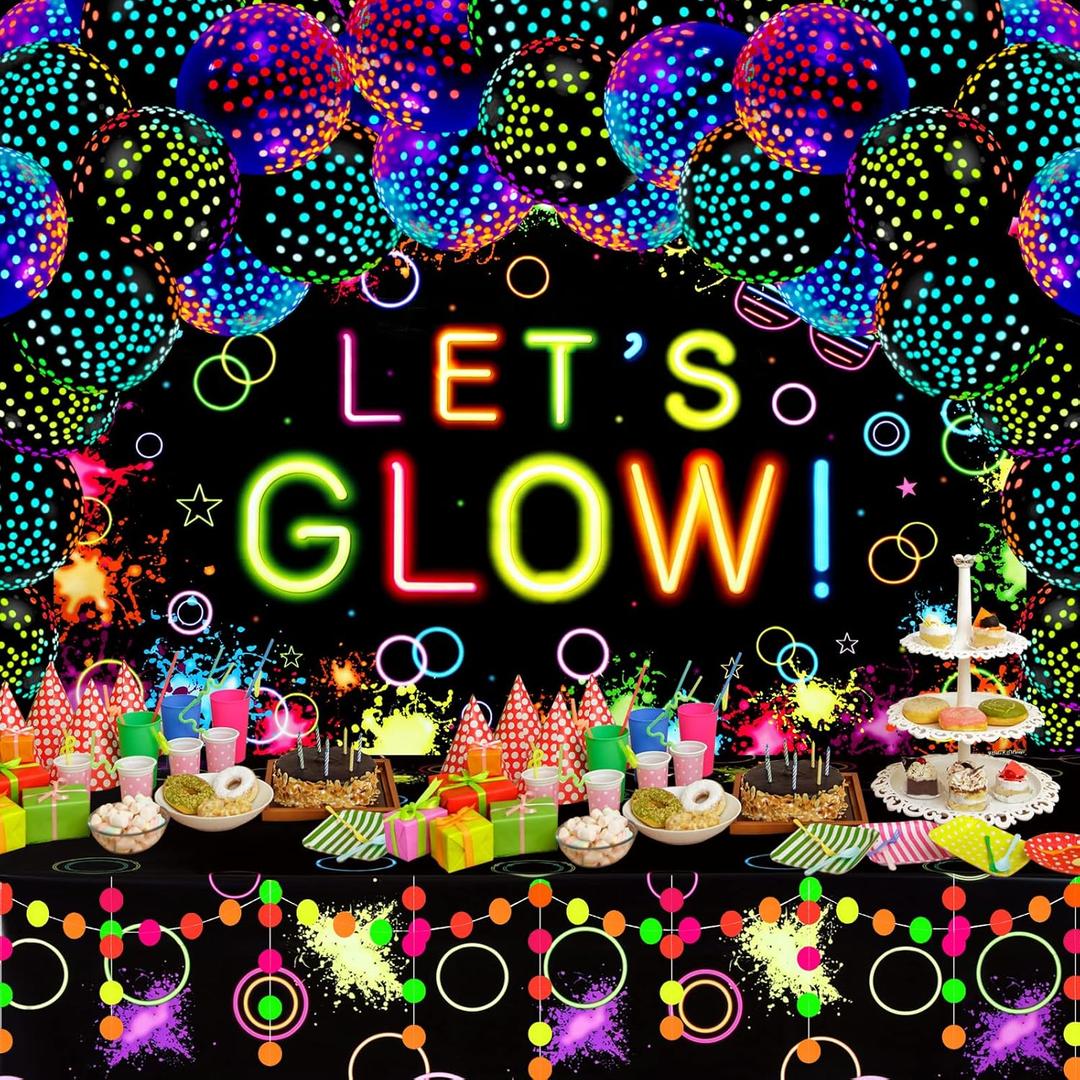 57 Pcs Let Glow Neon Party Supplies Including Glow in the Dark Decoration Backdrop Banner, Garlands, Tablecloth, Luminous Helium Latex Balloon(Round Dot,Clear, Black)