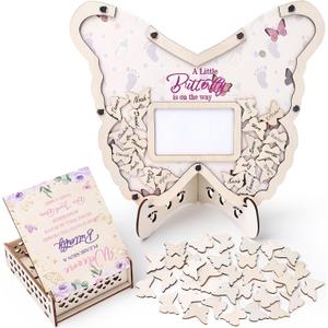 Babenest Baby Shower Guest Book Alternatives Keepsakes, Butterfly Babyshower Sign in Guestbook Set with Picture Frame and Wood Slices Gifts Gender Reveal Party Reception Decorations