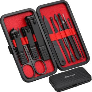 Glamne Manicure Set Nail Clippers Kit Professional Stainless Steel Nail Care Tools with Leather Travel Case 10 in 1 Black (Red)