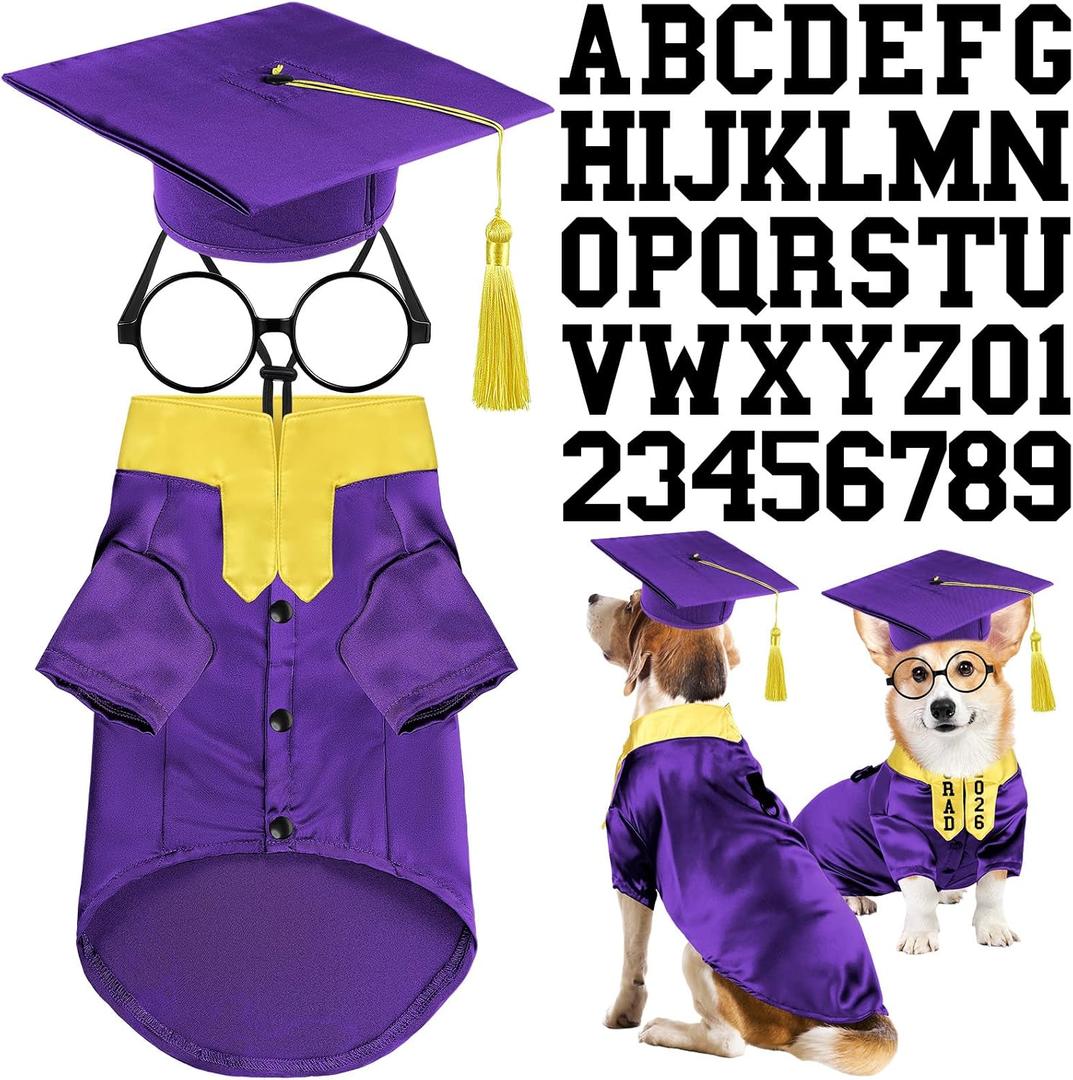 Huhumy 5 Pcs Dog Graduation Costume Set Include 2026 Pet Graduation Gown with Stole Puppy Grad Cap Lensless Glasses DIY Letter Stickers for Dogs Cats Holiday Costume Accessory(Purple Yellow,L)