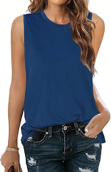 Womens Tank Tops Summer T Shirts Sleeveless Casual Loose Tunic Blouses (Large, A Solid Navy)