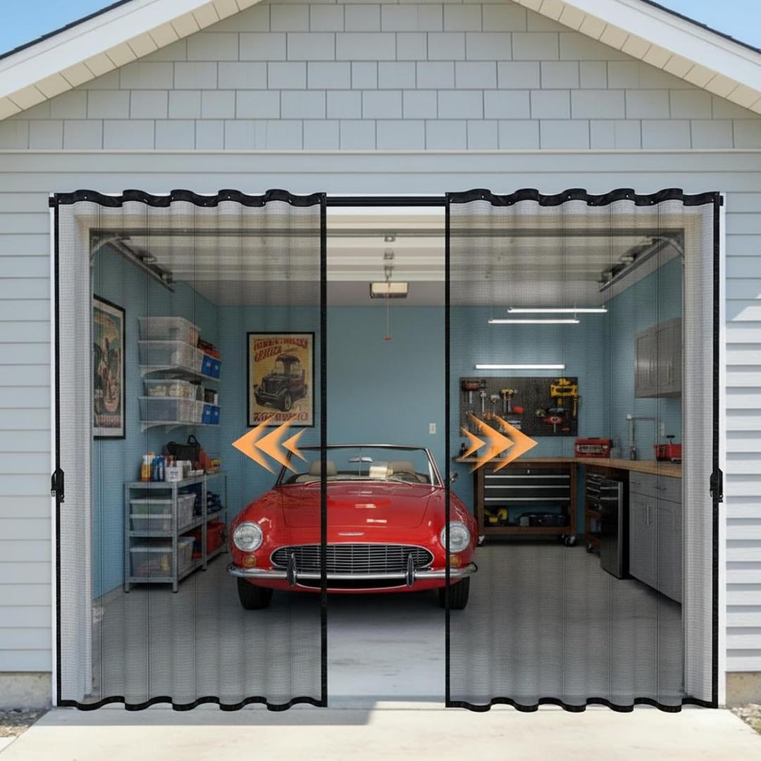 Sliding Garage Door Screen with Track, Garage Screen Doors for 1 Car Garage, 8x7 Ft Retractable Garage Net Screen, Smooth-Gliding, Magnetic Closure, Easy to Install, Black