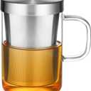 ecooe 16.9 Oz Borosilicate Glass Tea Mug Cup Tea Glasses with Stainless Steel Infuser & Lid, Loose Leaf Glass Tea Cup Teacup 430mL(Use Capacity) (Silver)