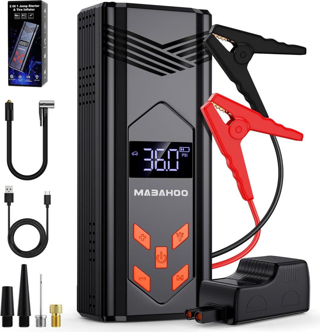 Jump Starter with Air Compressor, 3000A Car Jumper Starter Portable Battery Pack with 150PSI Tire Inflator, 12V Jump Box for Car Charger Battery Booster with LCD Display (Up 9L Gas/8L Diesel Engine) (Black)