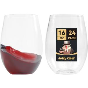 JOLLY CHEF 24 Pack 16oz Plastic Wine Glasses Stemless, Disposable Wine Cups, Premium Quality, Recyclable, Unbreakable, Ideal for Wedding, Birthday, Party, Christmas