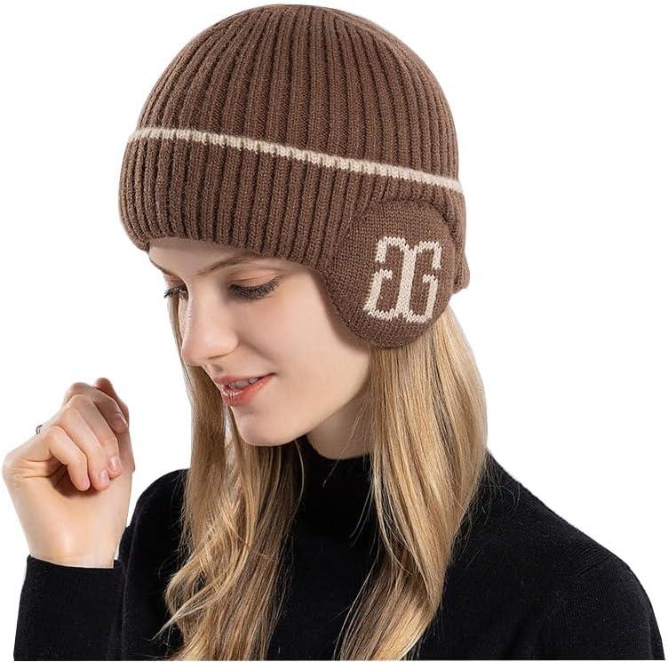 Mens Winter Hat with Earflaps, Outdoor Winter Caps for Men, Woolen Knitted Fleece Linning Hats for Men Cold Weather (Brown)