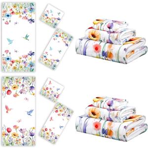 VitalCozy Set of 6 Wildflower Bathroom Towel Absorbent Soft Hand Towels Decorative Guest Bathroom Towel Set, 3 Sizes(Spring Flower)