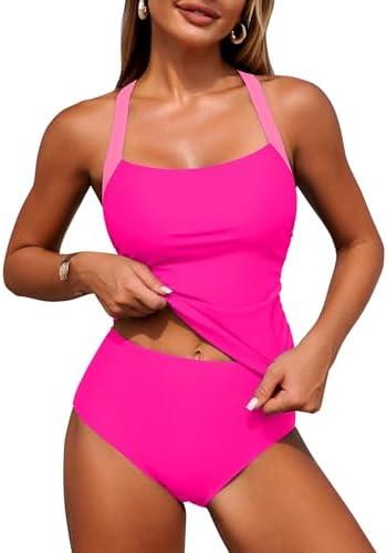 ZAFUL Women's Tankini Swimsuits Tummy Control Swimwear Two Piece Bathing Suits Swim Top with High Waisted Bottom, Pink, Medium
