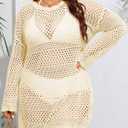 Beautife Womens Plus Size Swimsuit Cover Up Crochet Long Sleeve Mesh Knit Crew Neck Beach Coverup Dress (Beige)