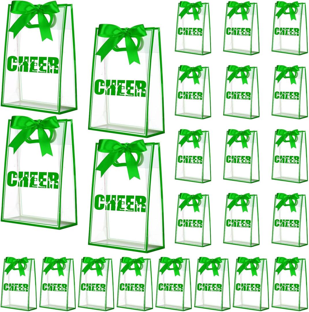 Sunnymove 24 Pcs Cheer Clear Plastic Gift Bags with Die Cut Handles Cheerleading Team Reusable Clear Goodie Snack Bag with Green Ribbon Cheer Party Accessories Gift for Cheerleader Team Women (1 Count (Pack of 24))