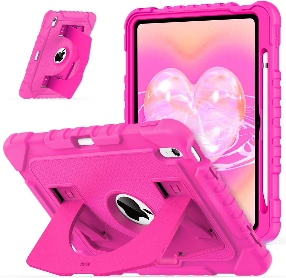 OKP Case for iPad A16 11th Generation 11 inch 2025/ 10th Generation 10.9 inch 2022, Shockproof Rugged Heavy Duty 11/10 th Gen i Pad Protective Cover with Pencil Holder/Kickstand, Hot Pink