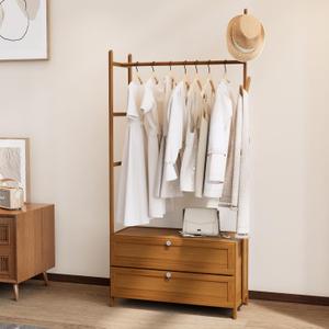 Clothing Rack with Shelves,Bamboo Clothes Rack,Tawny Clothes Rack Hanging,Drawers Hanging Racks,Garment Racks with Shelves (27.6inch Width Tawny)