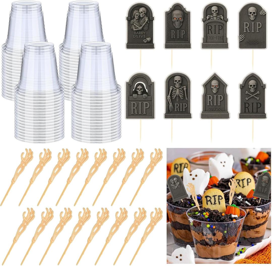 Honeydak 48 Set DIY Halloween Dirt Cups for Party Halloween Skeleton Hand Decorations Graveyard Tombstone Cake Toppers with Horror Zombie Hands Plastic Dessert Cups for Ghost Party(9 oz,Zombie Hands)